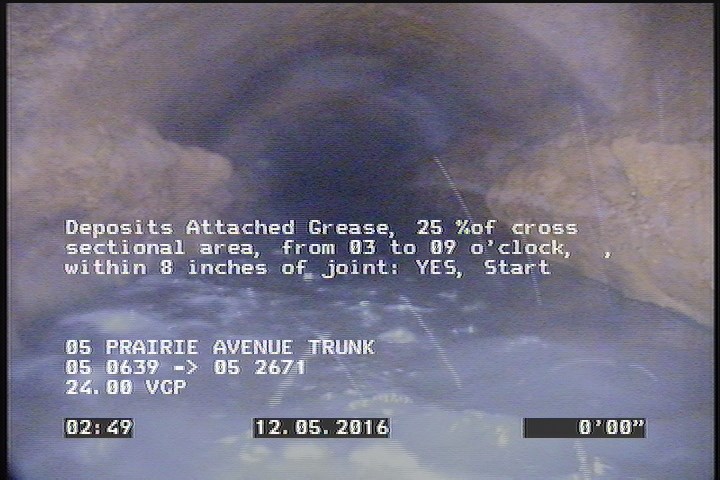 Deposits Attached Grease, 25 %of cross sectional area, from 03 to 09 o'clock, , within 8 inches of joint: YES, Start