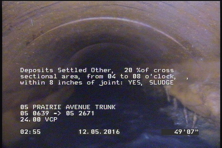 Deposits Settled Other, 20 %of cross sectional area, from 04 to 08 o'clock, , within 8 inches of joint: YES - SLUDGE