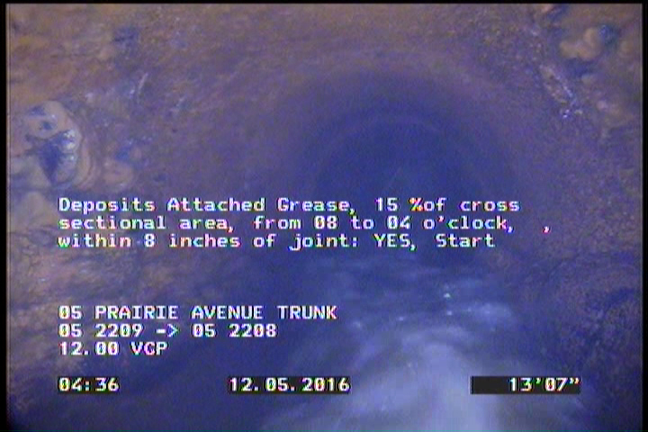 Deposits Attached Grease, 15 %of cross sectional area, from 08 to 04 o'clock, , within 8 inches of joint: YES, Start