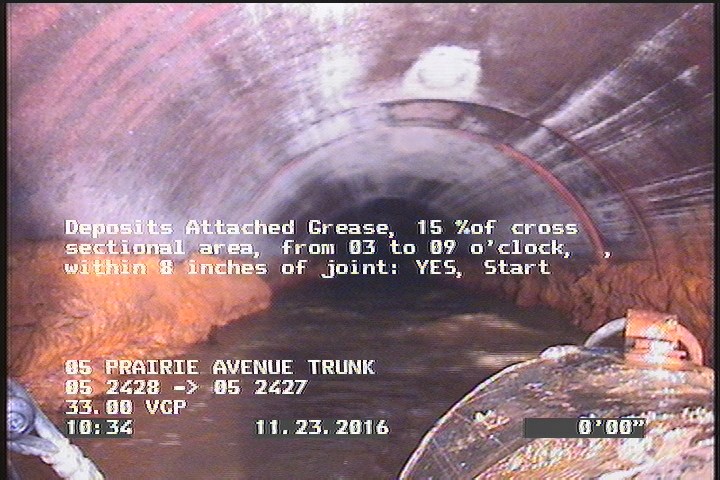 Deposits Attached Grease, 15 %of cross sectional area, from 03 to 09 o'clock, , within 8 inches of joint: YES, Start