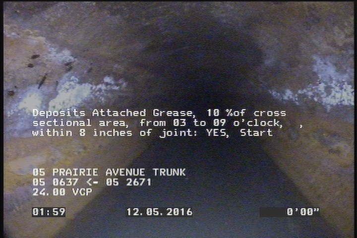 Deposits Attached Grease, 10 %of cross sectional area, from 03 to 09 o'clock, , within 8 inches of joint: YES, Start
