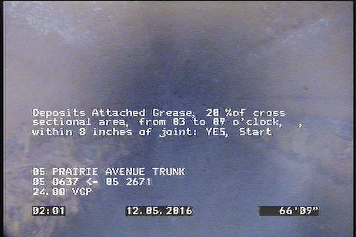 Deposits Attached Grease, 20 %of cross sectional area, from 03 to 09 o'clock, , within 8 inches of joint: YES, Start