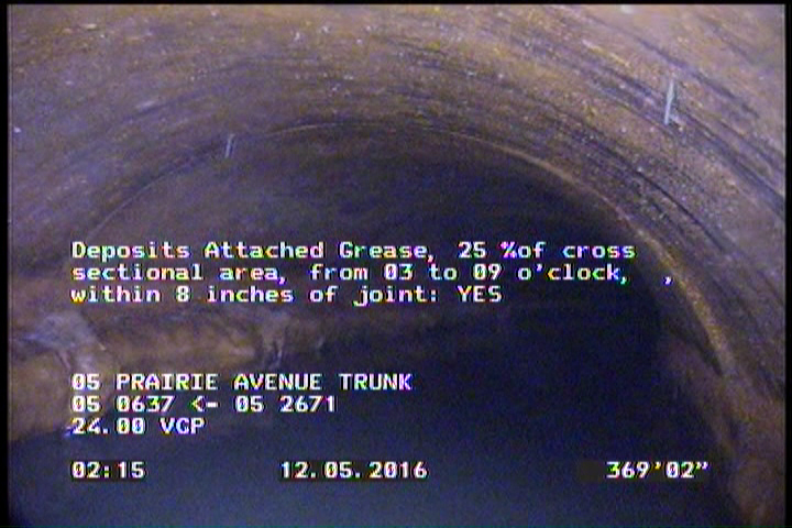 Deposits Attached Grease, 20 %of cross sectional area, from 03 to 09 o'clock, , within 8 inches of joint: YES