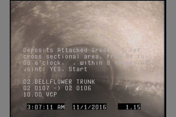 Deposits Attached Grease, 5 %of cross sectional area, from 04 to 08 o'clock, , within 8 inches of joint: YES, Start