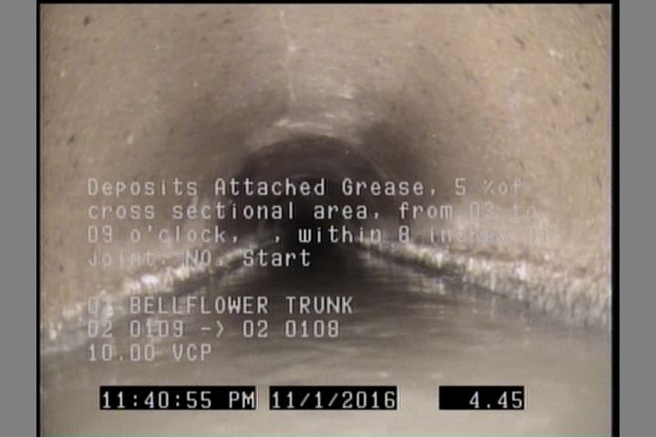 Deposits Attached Grease, 5 %of cross sectional area, from 03 to 09 o'clock, , within 8 inches of joint: NO, Start