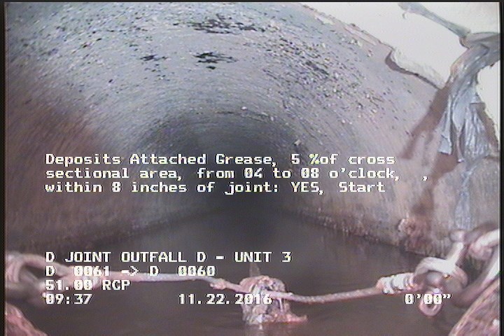 Deposits Attached Grease, 5 %of cross sectional area, from 04 to 08 o'clock, , within 8 inches of joint: YES, Start