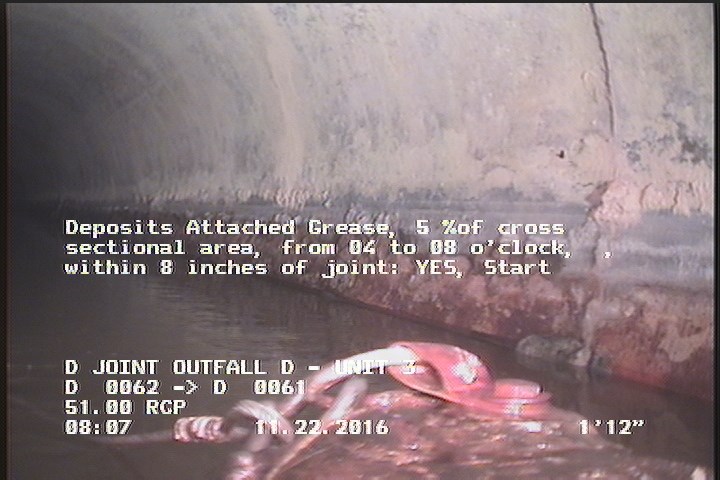 Deposits Attached Grease, 5 %of cross sectional area, from 04 to 08 o'clock, , within 8 inches of joint: YES, Start