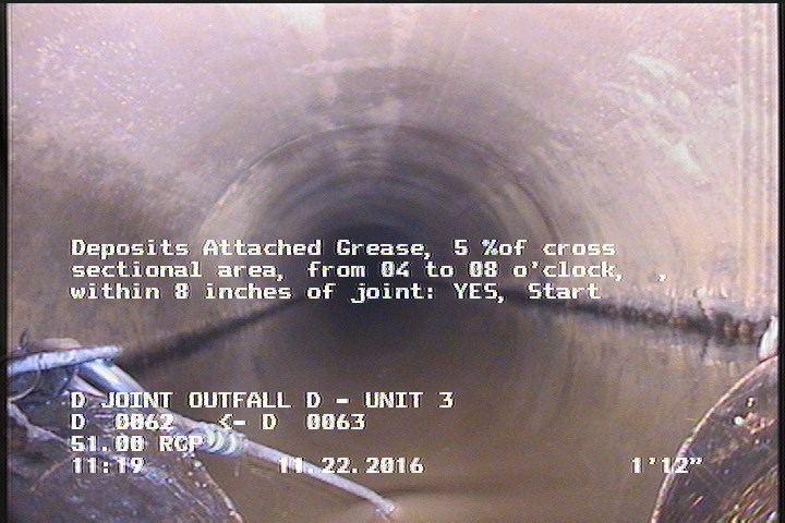 Deposits Attached Grease, 5 %of cross sectional area, from 04 to 08 o'clock, , within 8 inches of joint: YES, Start