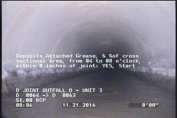 Deposits Attached Grease, 5 %of cross sectional area, from 04 to 08 o'clock, , within 8 inches of joint: YES, Start