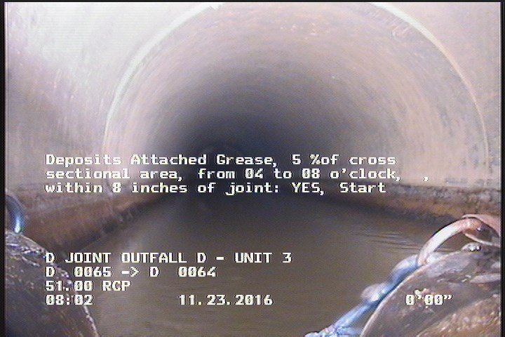 Deposits Attached Grease, 5 %of cross sectional area, from 04 to 08 o'clock, , within 8 inches of joint: YES, Start