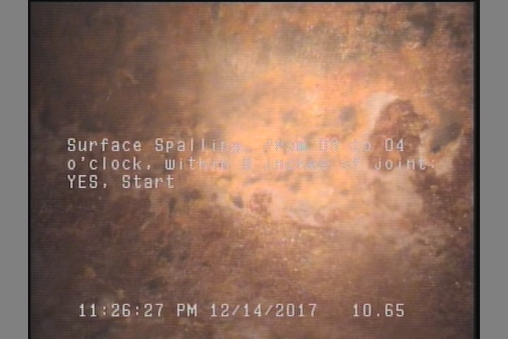 Surface Spalling, from 08 to 04 o'clock, within 8 inches of joint: YES, Start