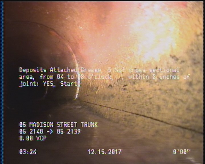 Deposits Attached Grease, 5 %of cross sectional area, from 04 to 08 o'clock, , within 8 inches of joint: YES, Start