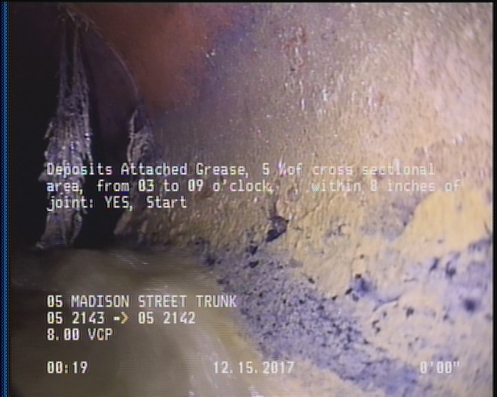 Deposits Attached Grease, 5 %of cross sectional area, from 03 to 09 o'clock, , within 8 inches of joint: YES, Start