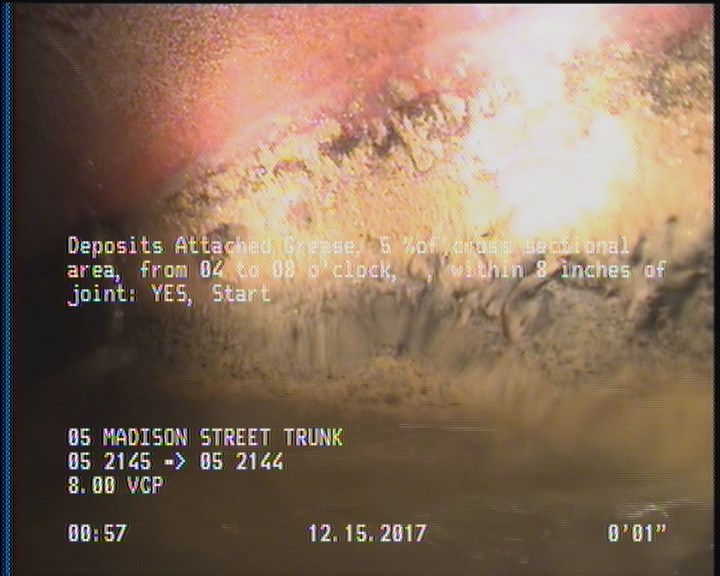 Deposits Attached Grease, 5 %of cross sectional area, from 04 to 08 o'clock, , within 8 inches of joint: YES, Start