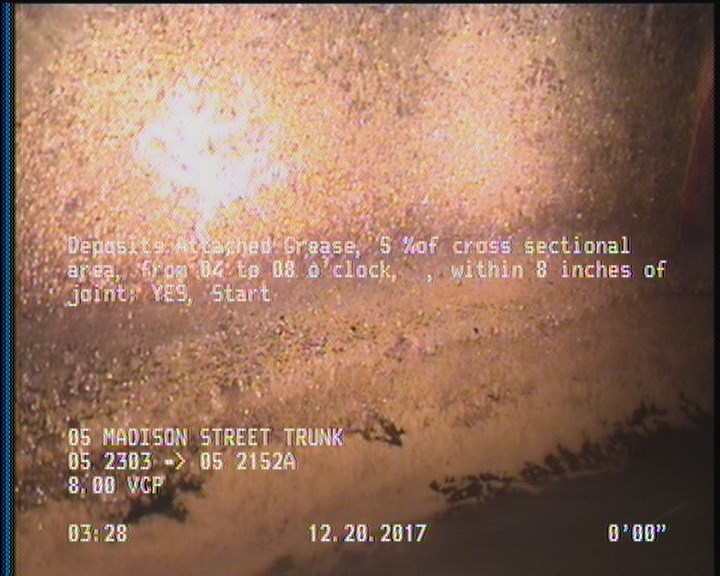 Deposits Attached Grease, 5 %of cross sectional area, from 04 to 08 o'clock, , within 8 inches of joint: YES, Start