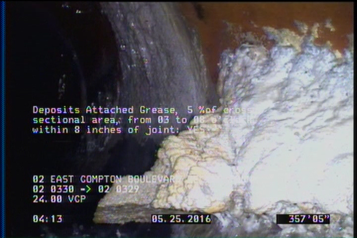 Deposits Attached Grease, 5 %of cross sectional area, from 03 to 08 o'clock, , within 8 inches of joint: YES