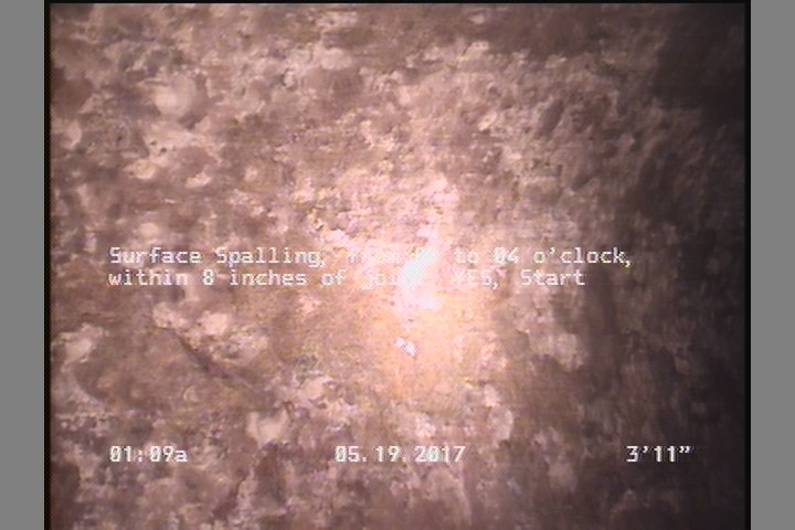 Surface Spalling, from 08 to 04 o'clock, within 8 inches of joint: YES, Start