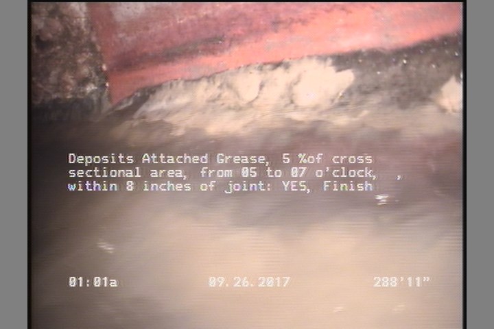 Deposits Attached Grease, 5 %of cross sectional area, from 05 to 07 o'clock, , within 8 inches of joint: YES, Finish
