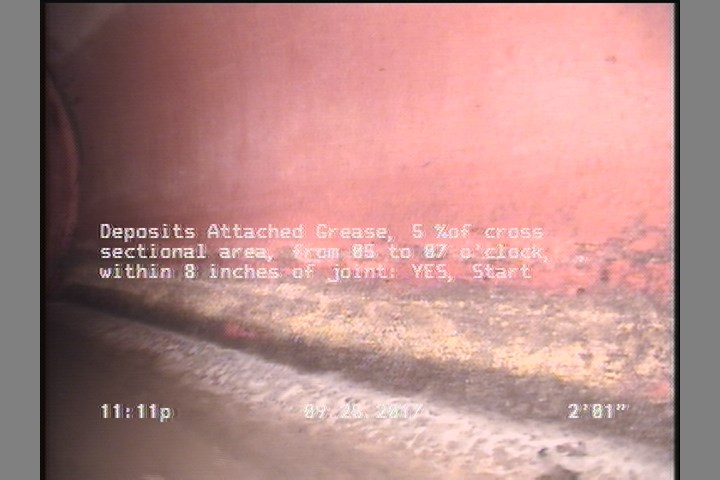 Deposits Attached Grease, 5 %of cross sectional area, from 05 to 07 o'clock, , within 8 inches of joint: YES, Start