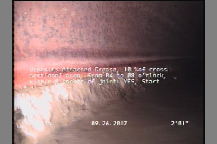 Deposits Attached Grease, 10 %of cross sectional area, from 04 to 08 o'clock, , within 8 inches of joint: YES, Start