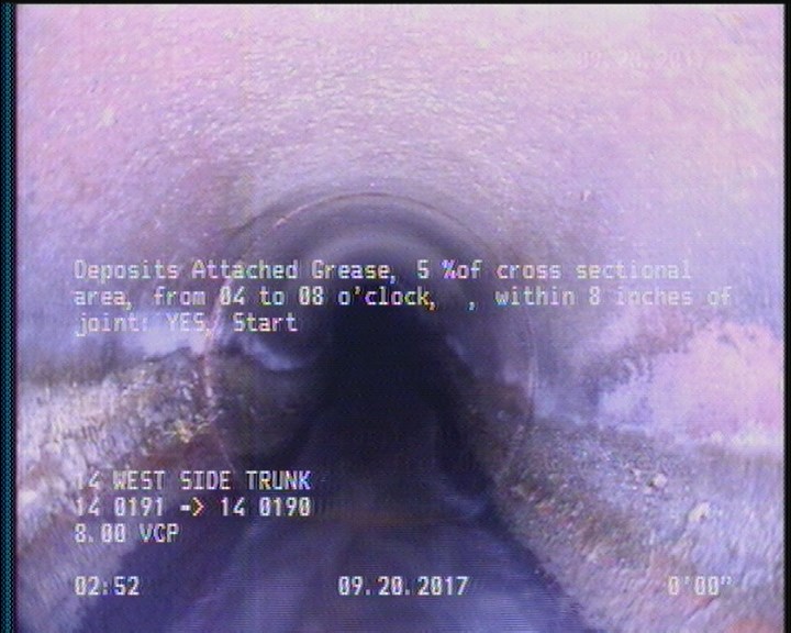 Deposits Attached Grease, 5 %of cross sectional area, from 04 to 08 o'clock, , within 8 inches of joint: YES, Start