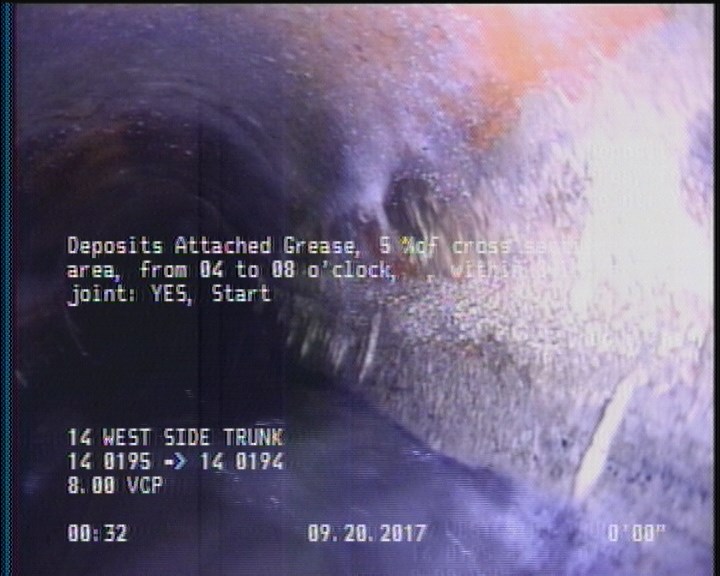 Deposits Attached Grease, 5 %of cross sectional area, from 04 to 08 o'clock, , within 8 inches of joint: YES, Start