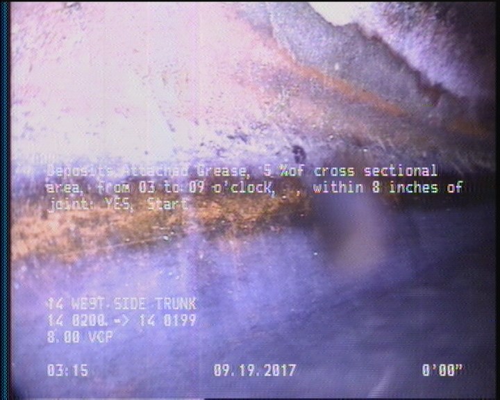 Deposits Attached Grease, 5 %of cross sectional area, from 03 to 09 o'clock, , within 8 inches of joint: YES, Start