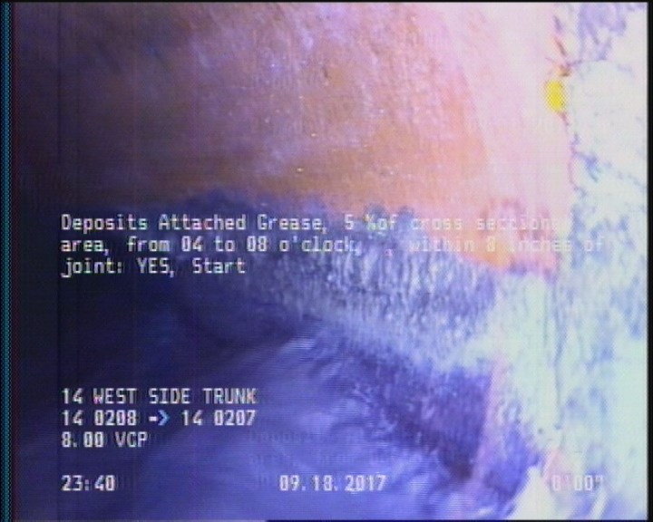 Deposits Attached Grease, 5 %of cross sectional area, from 04 to 08 o'clock, , within 8 inches of joint: YES, Start