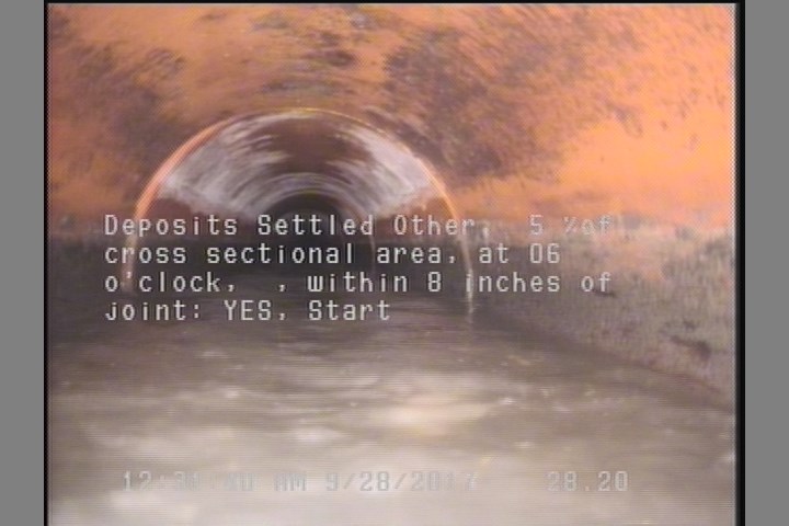 Deposits Settled Other, 5 %of cross sectional area, at 06 o'clock, , within 8 inches of joint: YES, Start