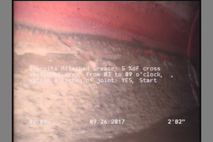 Deposits Attached Grease, 10 %of cross sectional area, from 03 to 09 o'clock, , within 8 inches of joint: YES, Start