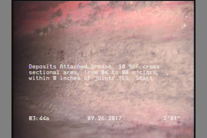 Deposits Attached Grease, 10 %of cross sectional area, from 04 to 08 o'clock, , within 8 inches of joint: YES, Start