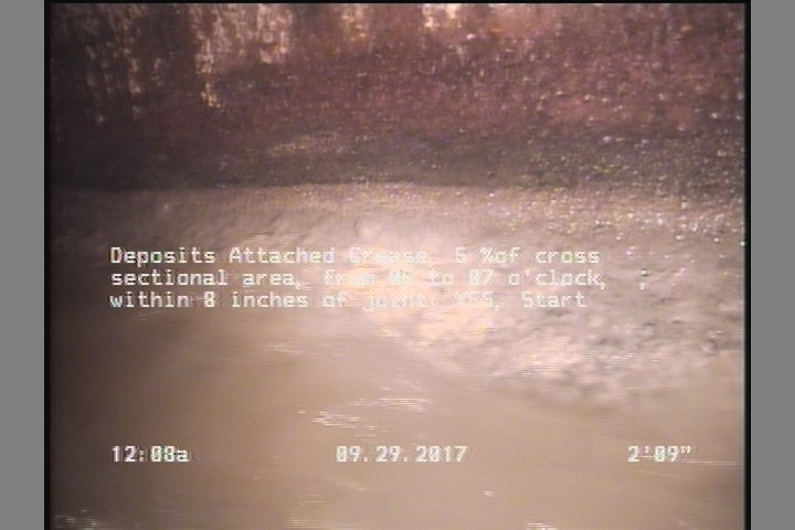 Deposits Attached Grease, 5 %of cross sectional area, from 05 to 07 o'clock, , within 8 inches of joint: YES, Start
