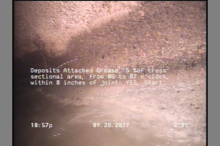 Deposits Attached Grease, 5 %of cross sectional area, from 05 to 07 o'clock, , within 8 inches of joint: YES, Start