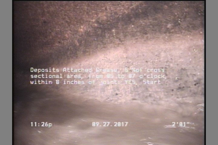Deposits Attached Grease, 5 %of cross sectional area, from 05 to 07 o'clock, , within 8 inches of joint: YES, Start
