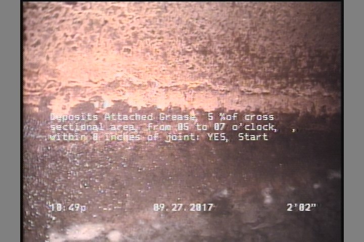 Deposits Attached Grease, 5 %of cross sectional area, from 05 to 07 o'clock, , within 8 inches of joint: YES, Start