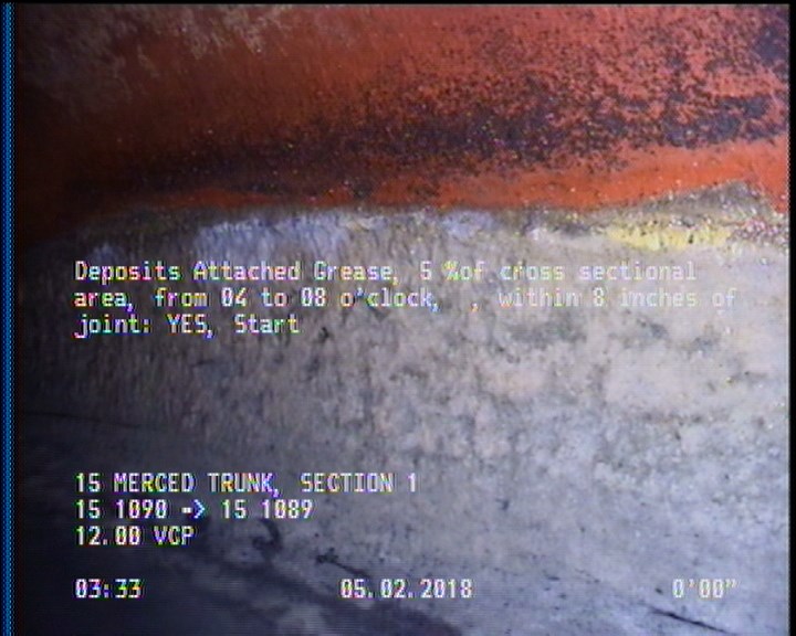 Deposits Attached Grease, 5 %of cross sectional area, from 04 to 08 o'clock, , within 8 inches of joint: YES, Start