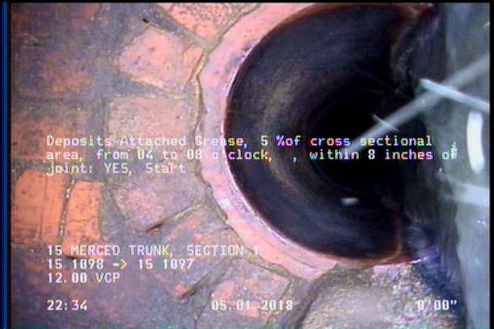 Deposits Attached Grease, 5 %of cross sectional area, from 04 to 08 o'clock, , within 8 inches of joint: YES, Start