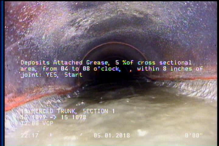 Deposits Attached Grease, 5 %of cross sectional area, from 04 to 08 o'clock, , within 8 inches of joint: YES, Start