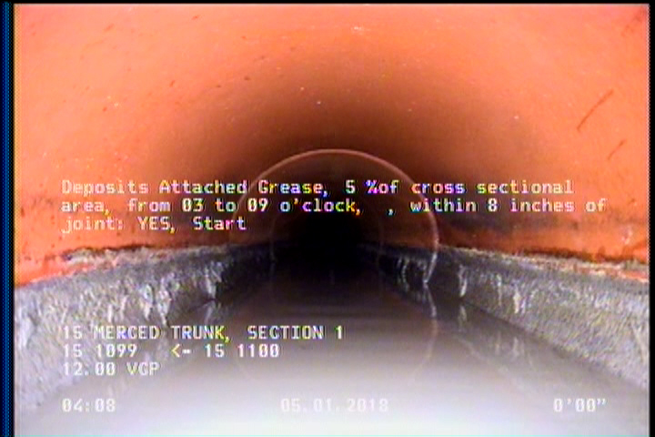 Deposits Attached Grease, 5 %of cross sectional area, from 03 to 09 o'clock, , within 8 inches of joint: YES, Start