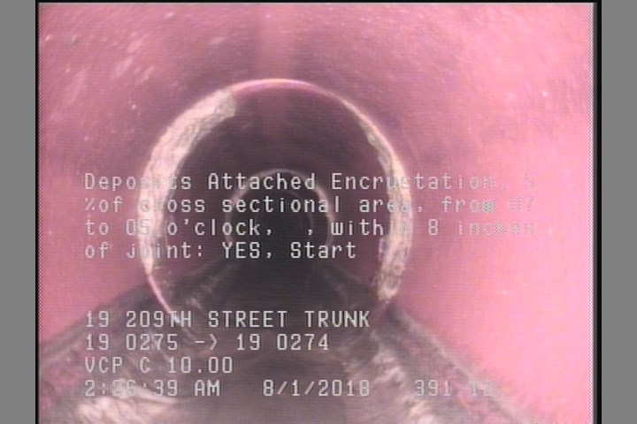 Deposits Attached Encrustation, 5 %of cross sectional area, from 07 to 05 o'clock, , within 8 inches of joint: YES, Start