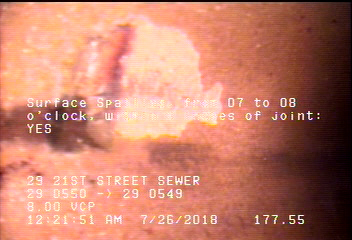 Surface Spalling, from 07 to 08 o'clock, within 8 inches of joint: YES