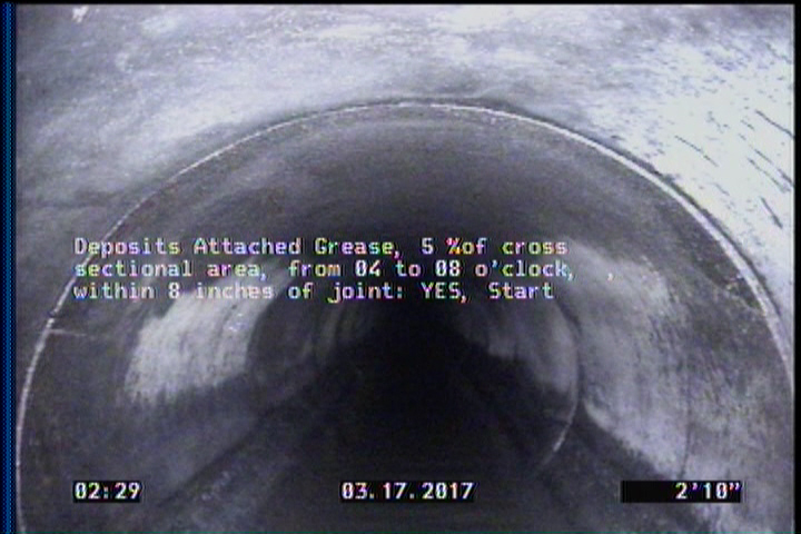 Deposits Attached Grease, 5 %of cross sectional area, from 04 to 08 o'clock, , within 8 inches of joint: YES, Start