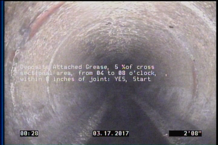 Deposits Attached Grease, 5 %of cross sectional area, from 04 to 08 o'clock, , within 8 inches of joint: YES, Start