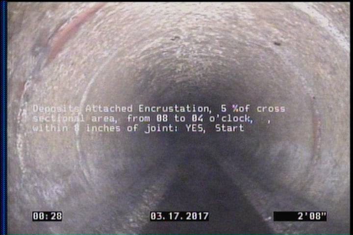 Deposits Attached Encrustation, 5 %of cross sectional area, from 08 to 04 o'clock, , within 8 inches of joint: YES, Start