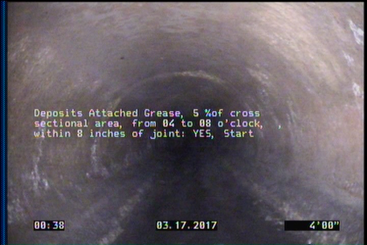 Deposits Attached Grease, 5 %of cross sectional area, from 04 to 08 o'clock, , within 8 inches of joint: YES, Start