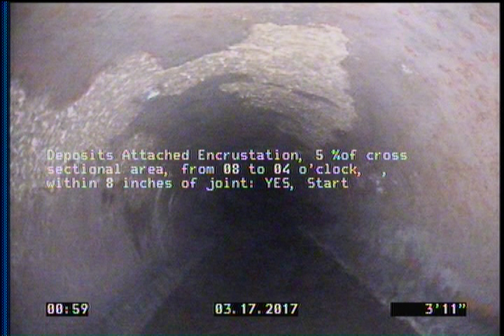 Deposits Attached Encrustation, 5 %of cross sectional area, from 08 to 04 o'clock, , within 8 inches of joint: YES, Start