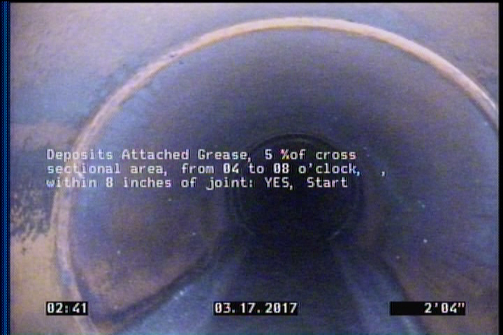 Deposits Attached Grease, 5 %of cross sectional area, from 04 to 08 o'clock, , within 8 inches of joint: YES, Start