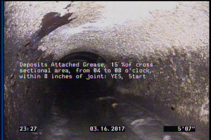Deposits Attached Grease, 15 %of cross sectional area, from 04 to 08 o'clock, , within 8 inches of joint: YES, Start