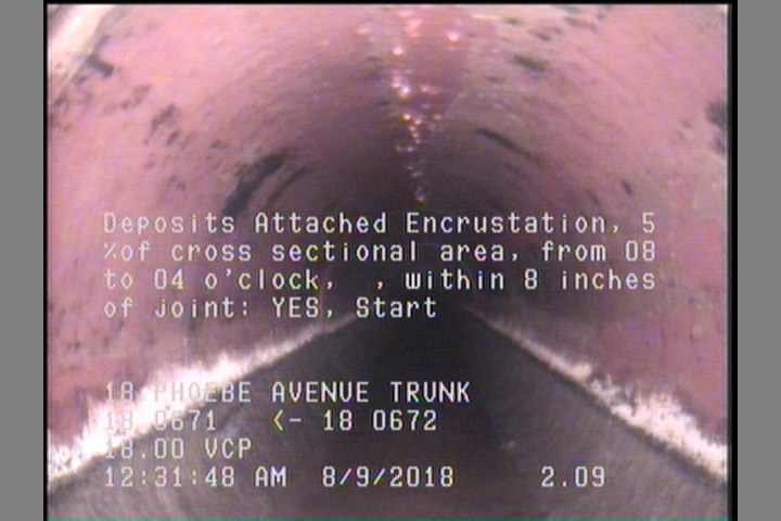 Deposits Attached Encrustation, 5 %of cross sectional area, from 08 to 04 o'clock, , within 8 inches of joint: YES, Start