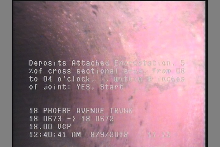 Deposits Attached Encrustation, 5 %of cross sectional area, from 08 to 04 o'clock, , within 8 inches of joint: YES, Start